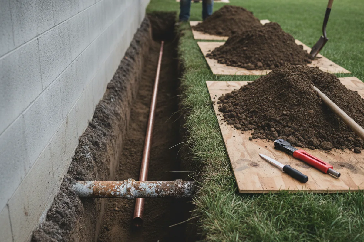 Excavated water line trench during Water Heater Repair in Sabina